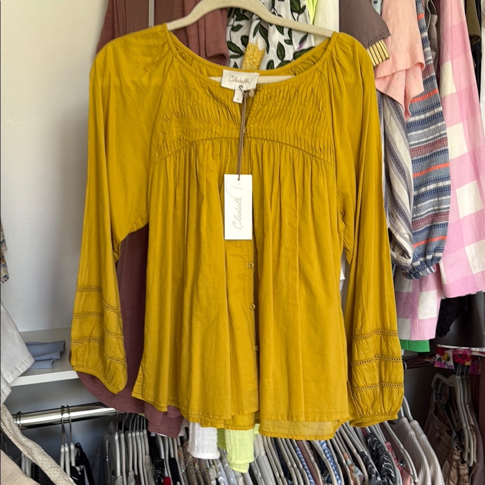 Cleobella Yellow Smocked 3/4 Sleeve Blouse